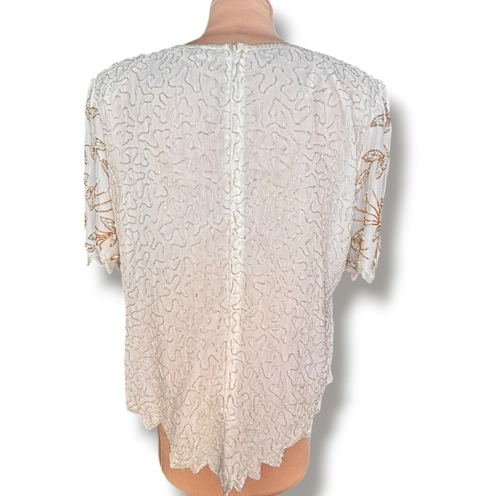 Laurence Kazar Silk Beaded Floral Blouse White Gold Silver 2X Vintage Blouse - Picture 6 of 10